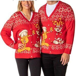 Garfield Paw's Inc SZM Red Cardigan Ugly Christmas Sweater Novelty Cartoon Holid